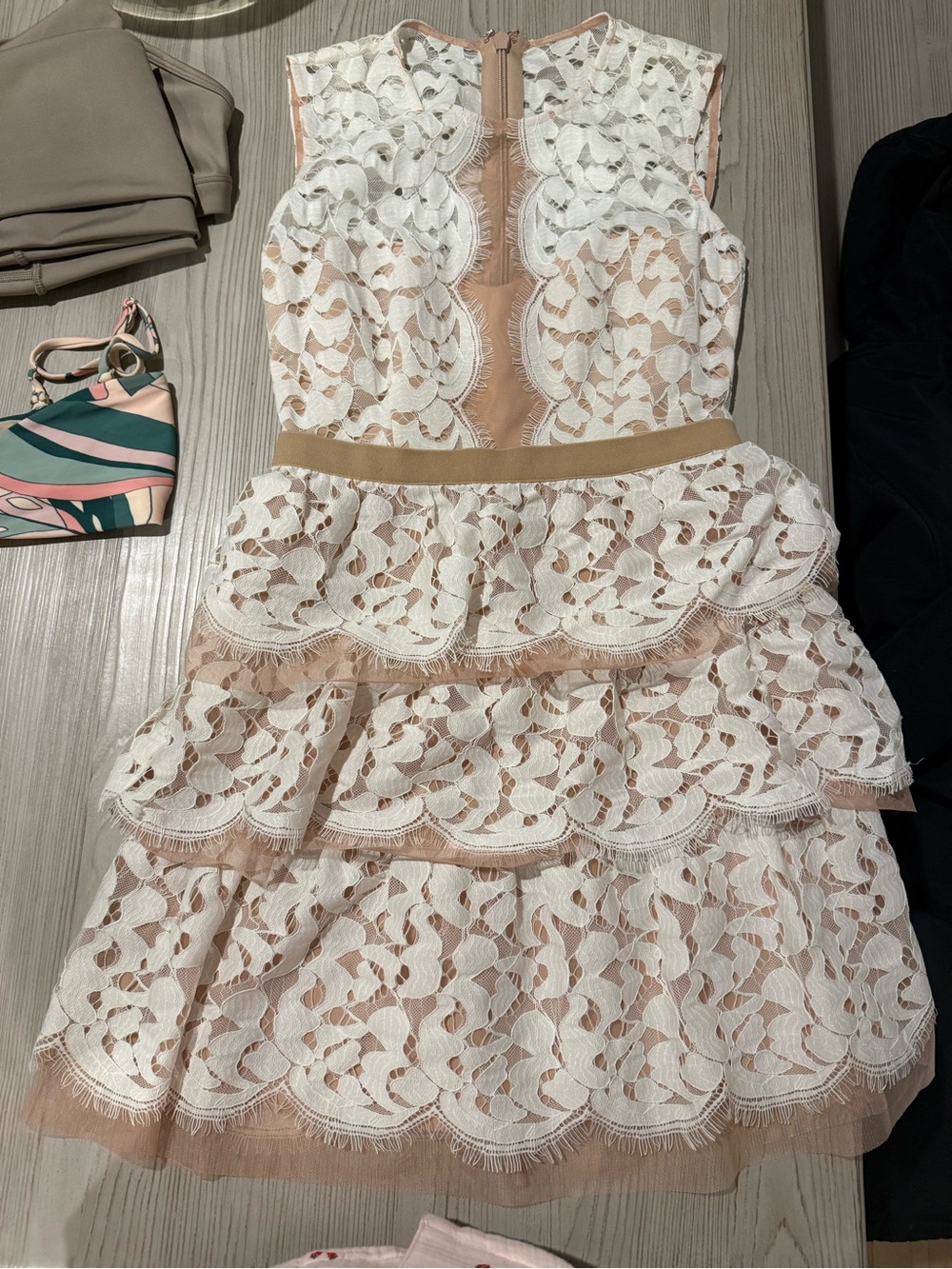 BCBGMaxAzria White and Nude Lace Tiered Mini Dress